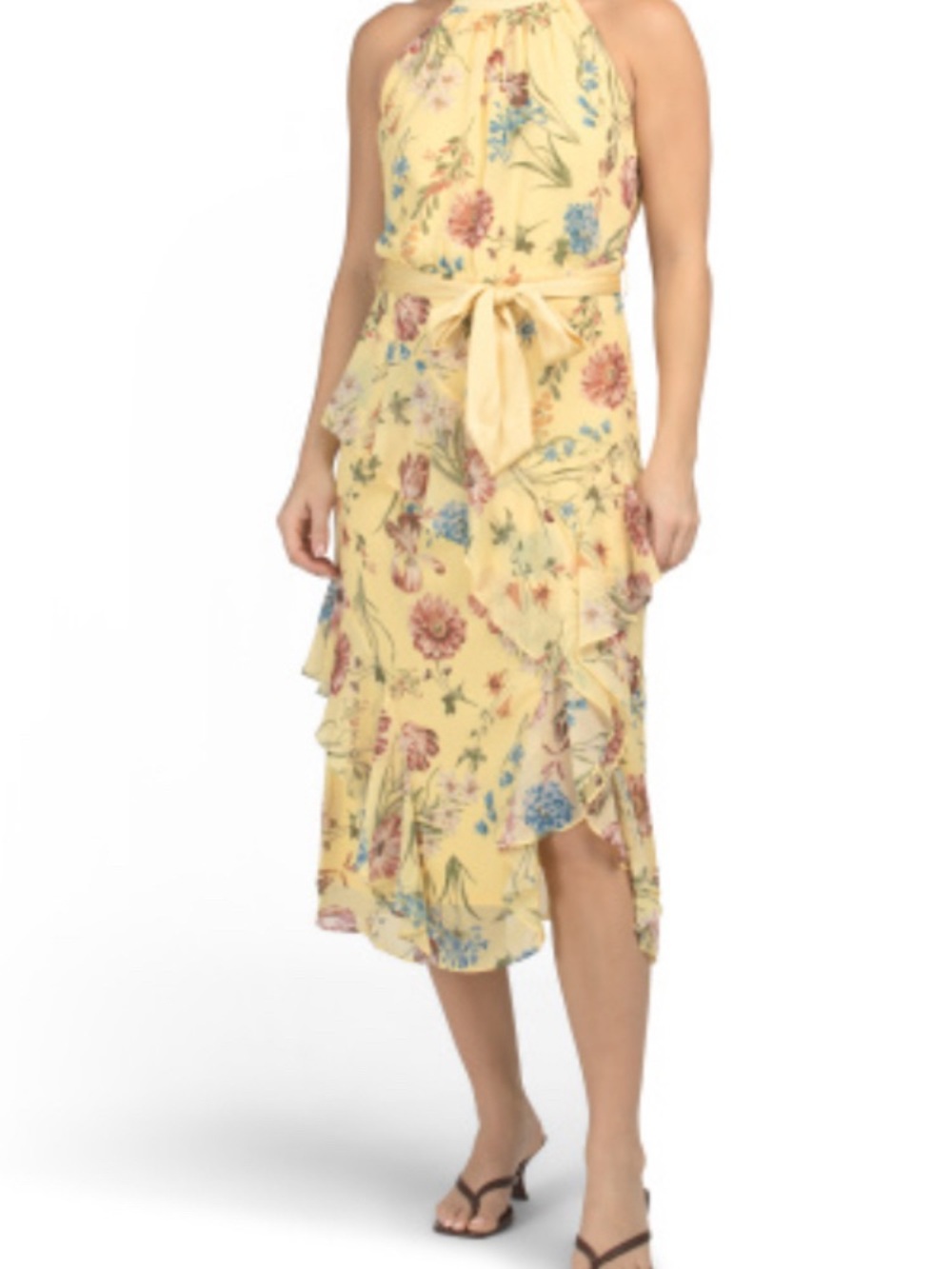 Nicole Miller Yellow Floral Halter Midi Dress with Ruffle Wrap Skirt